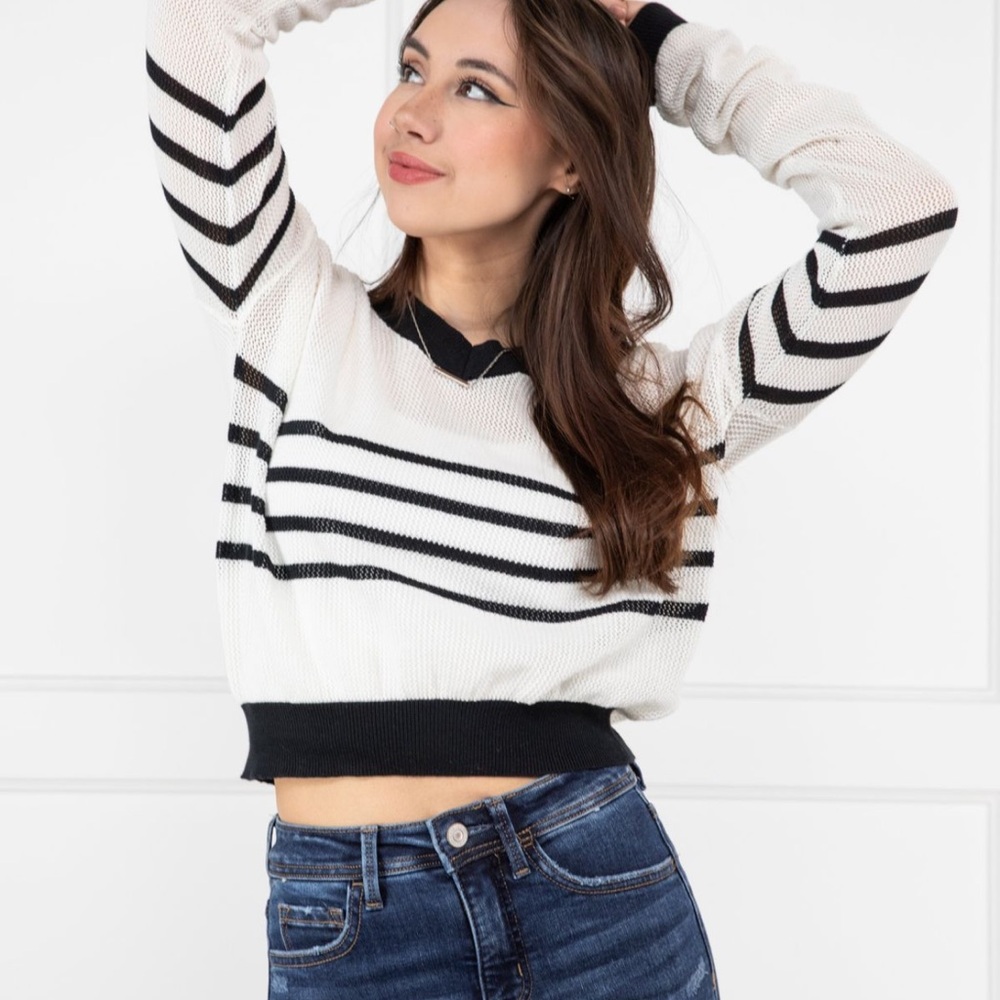 Mono B Black and White Striped V-Neck Sweater NWT
